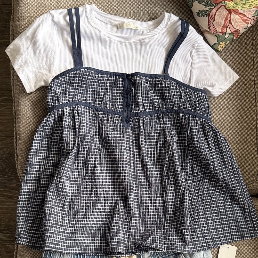 Zara White Tee with Navy Check Layered Cami